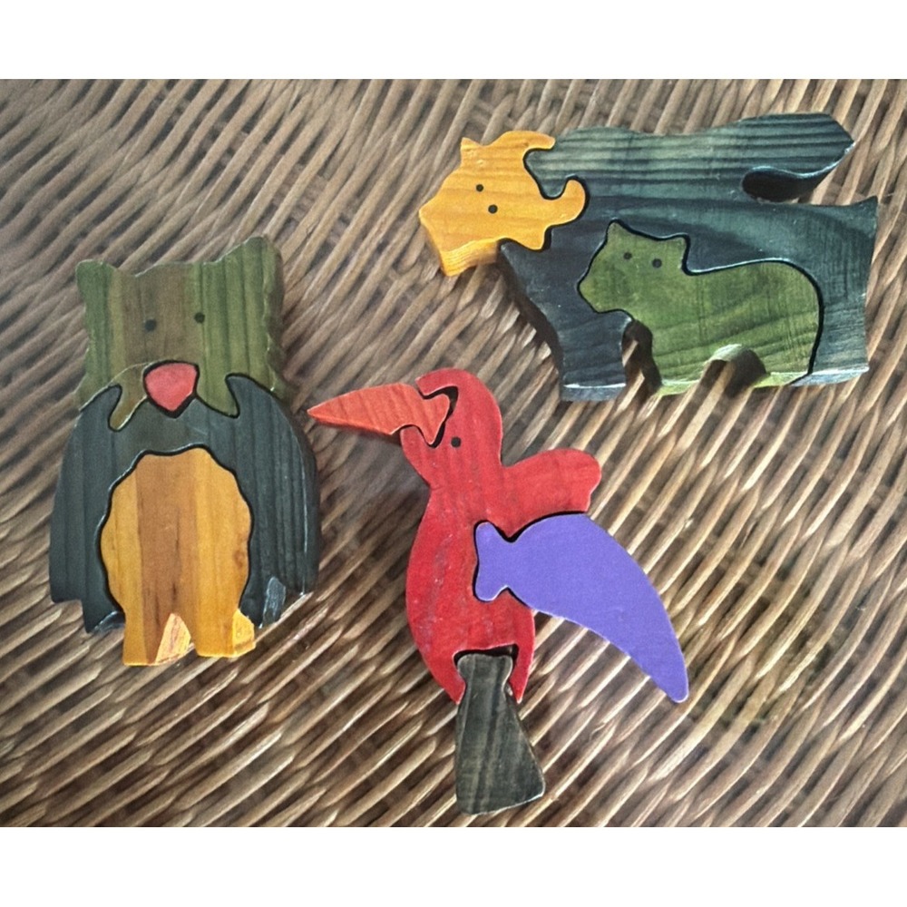 3 Vintage Animal Color Stained Wood Puzzles 3d Puzzle OWL PARROT COW BABY